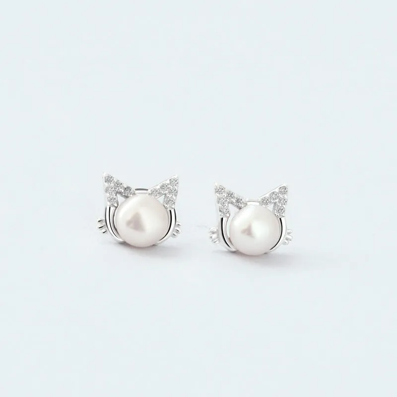 Cute Cat with Gemstone Silver Stud Earrings for Women