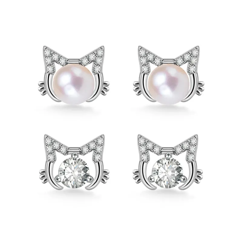 Cute Cat with Gemstone Silver Stud Earrings for Women