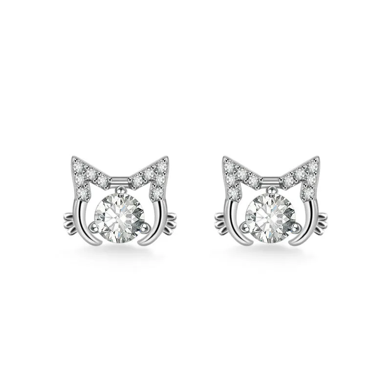 Cute Cat with Gemstone Silver Stud Earrings for Women