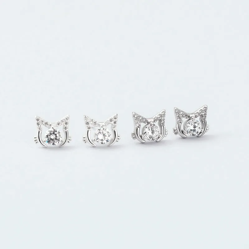 Cute Cat with Gemstone Silver Stud Earrings for Women