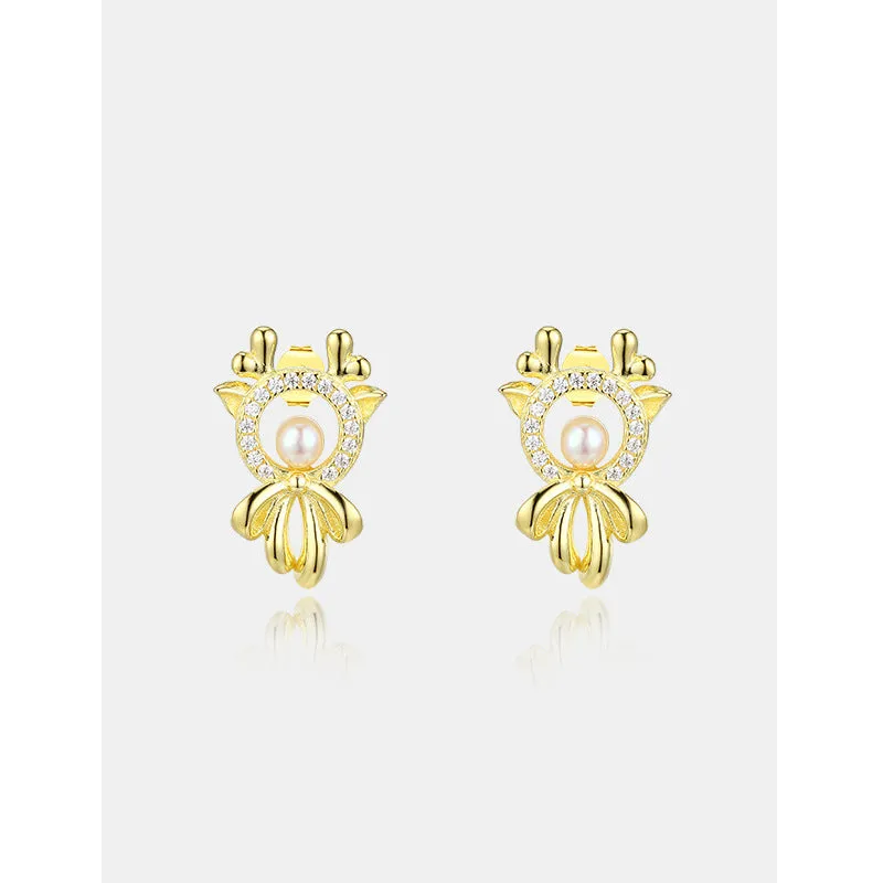 Cute Deer with Zircon and Pearl Silver Studs Earrings for Women