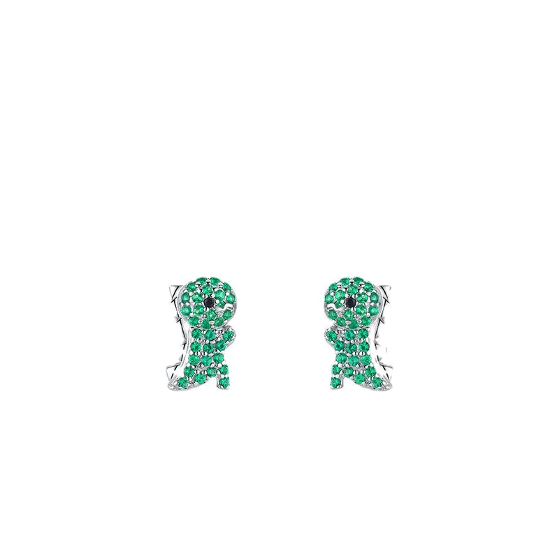 Cute Dinosaur Earrings with Sparkling Green Zircon in Sterling Silver