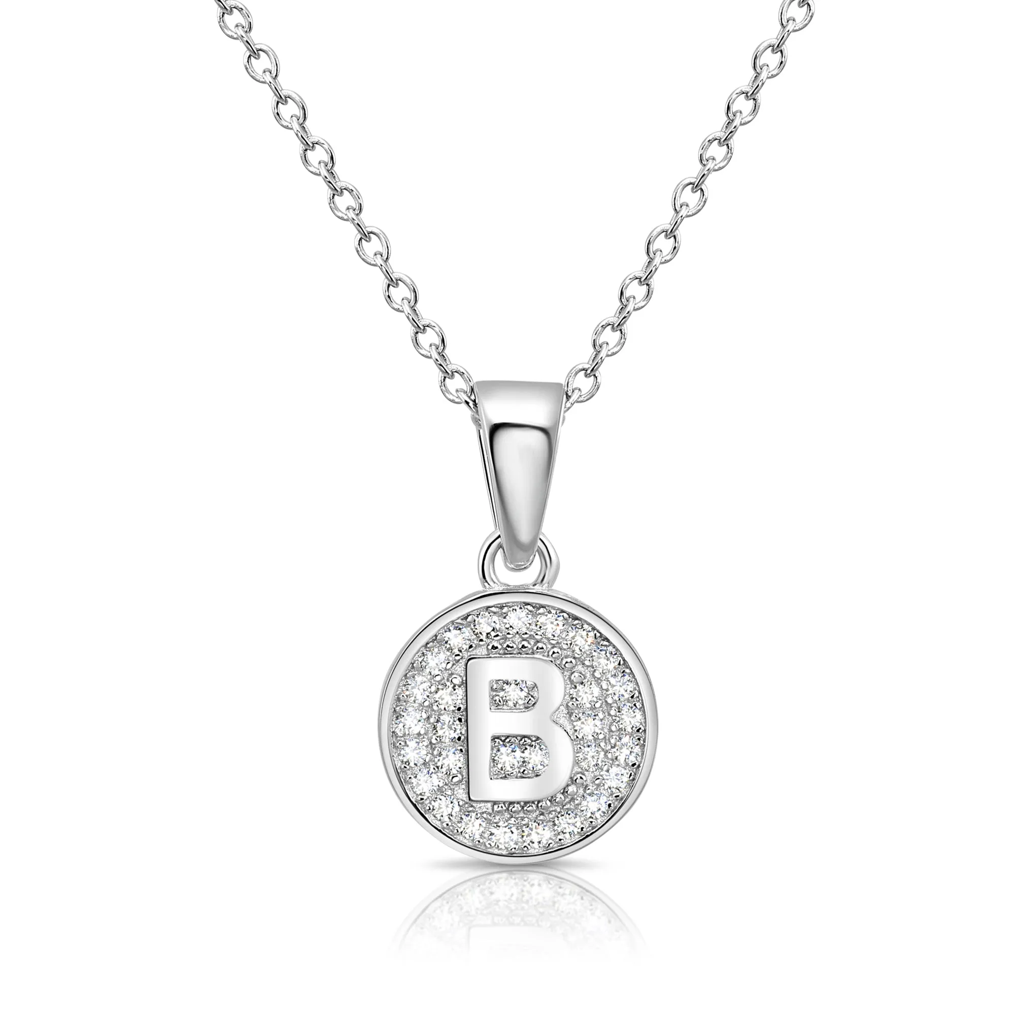 CZ Initial Round Charm Necklace (Letters A-Z) 16" 18" in Sterling Silver