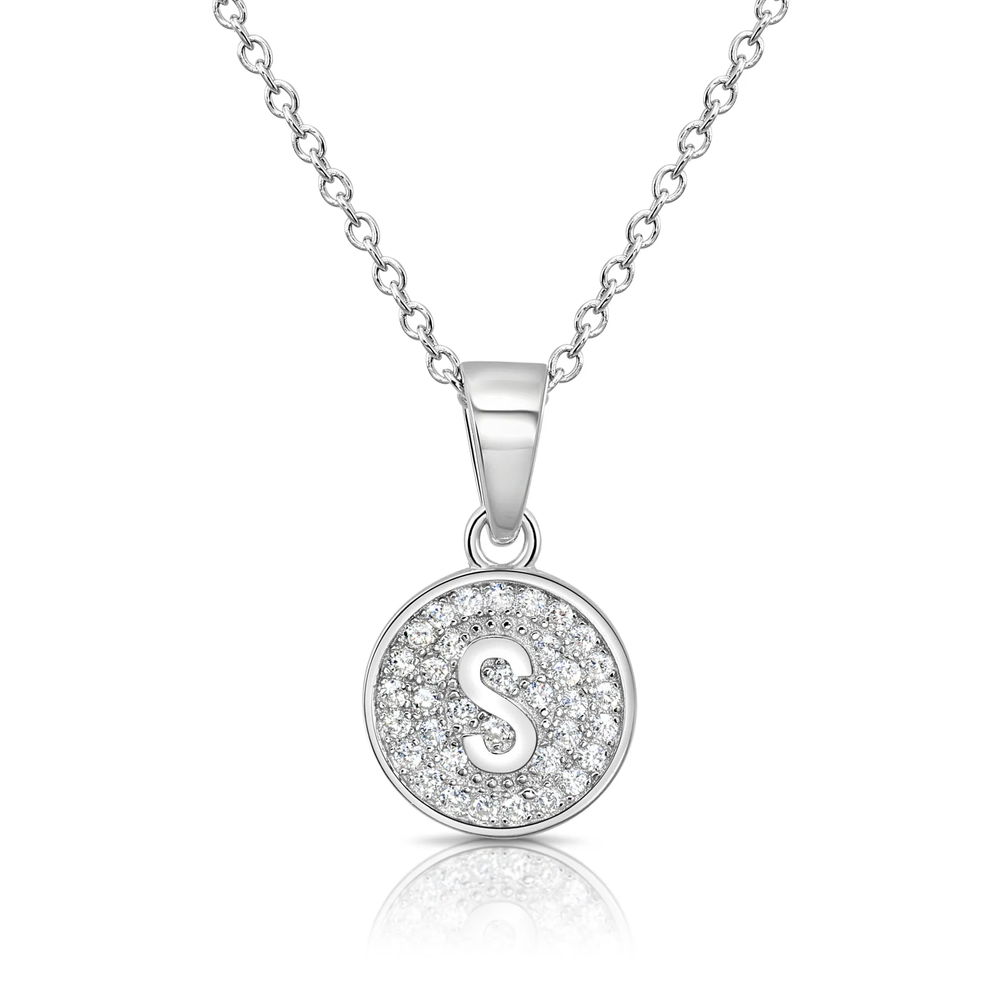 CZ Initial Round Charm Necklace (Letters A-Z) 16" 18" in Sterling Silver