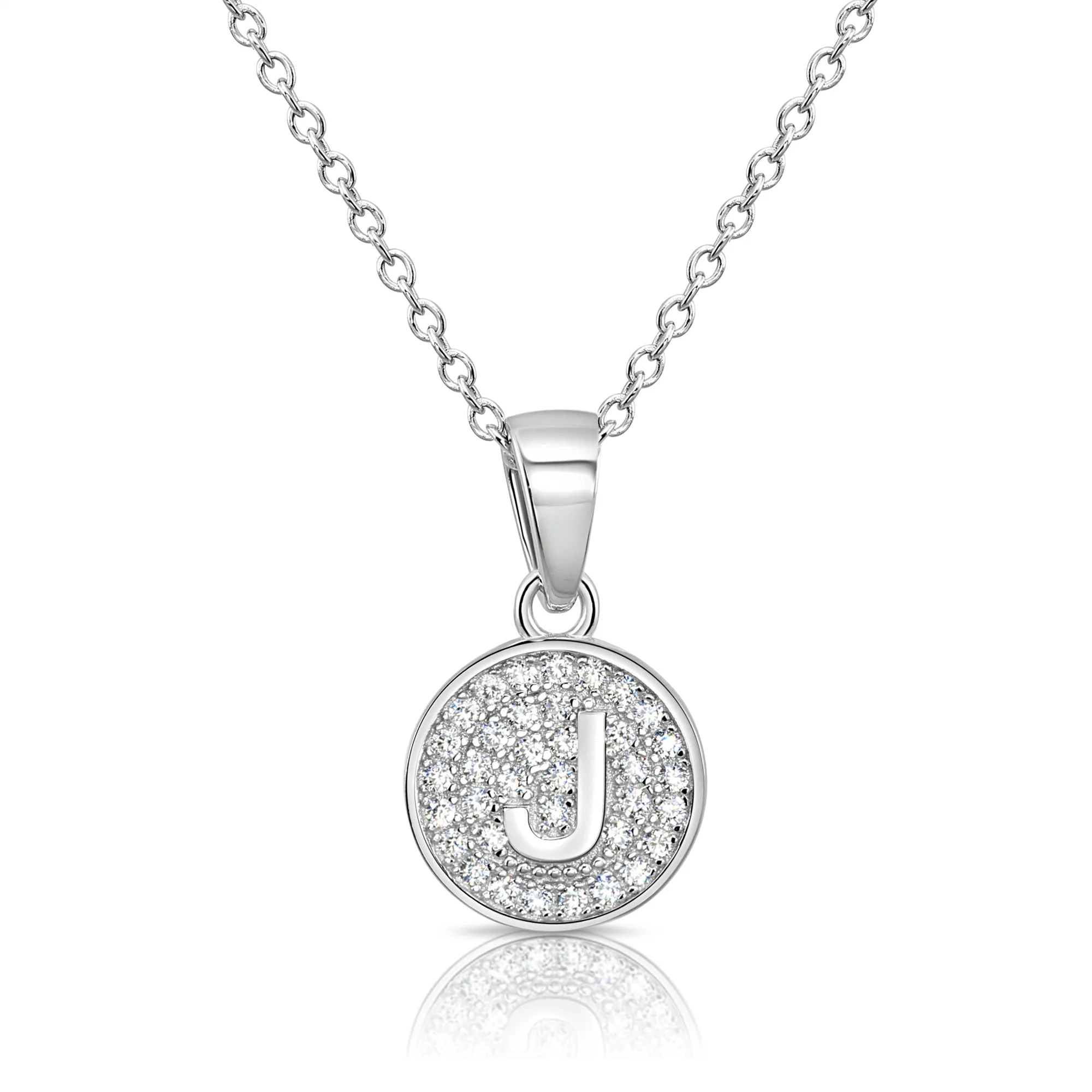 CZ Initial Round Charm Necklace (Letters A-Z) 16" 18" in Sterling Silver