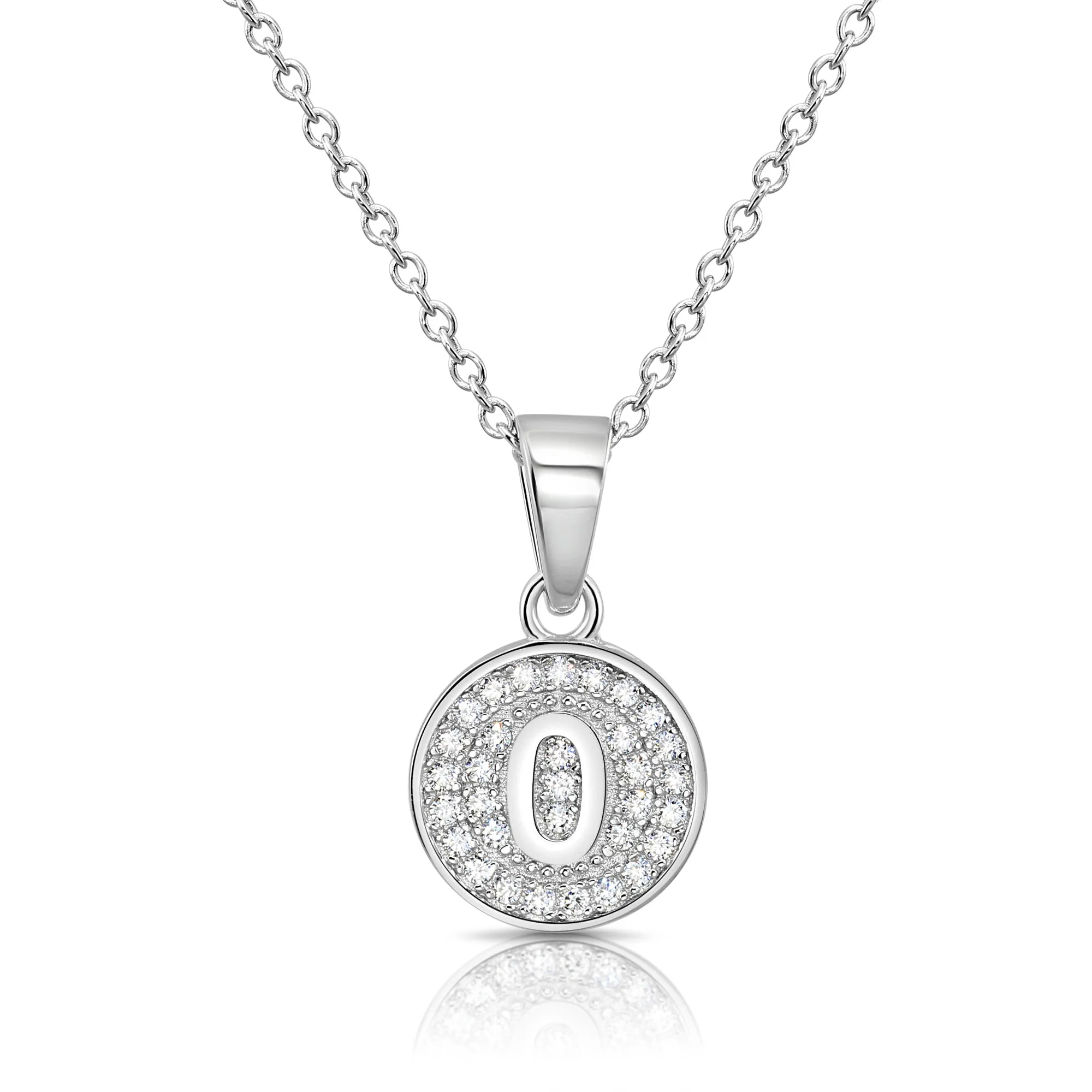 CZ Initial Round Charm Necklace (Letters A-Z) 16" 18" in Sterling Silver