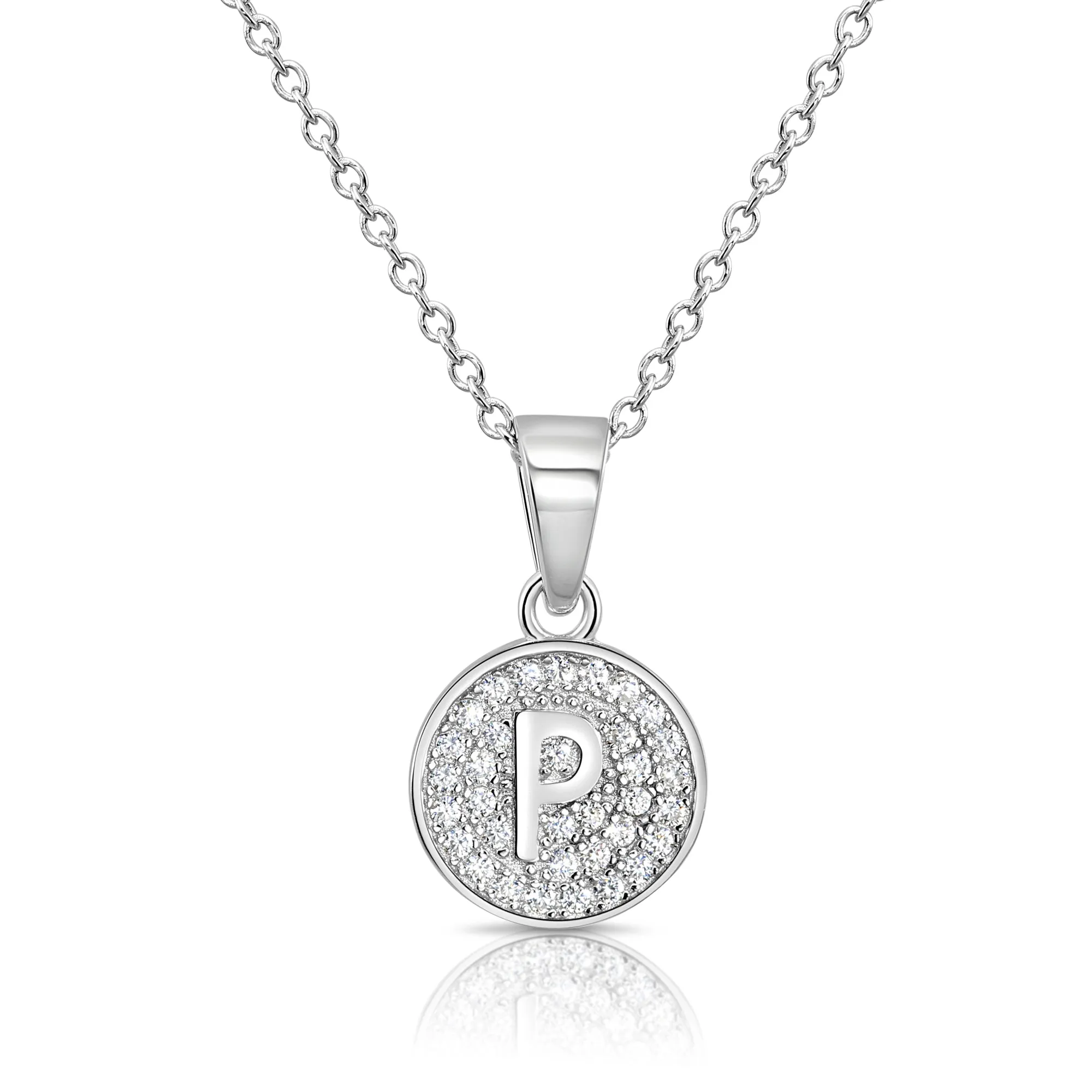 CZ Initial Round Charm Necklace (Letters A-Z) 16" 18" in Sterling Silver