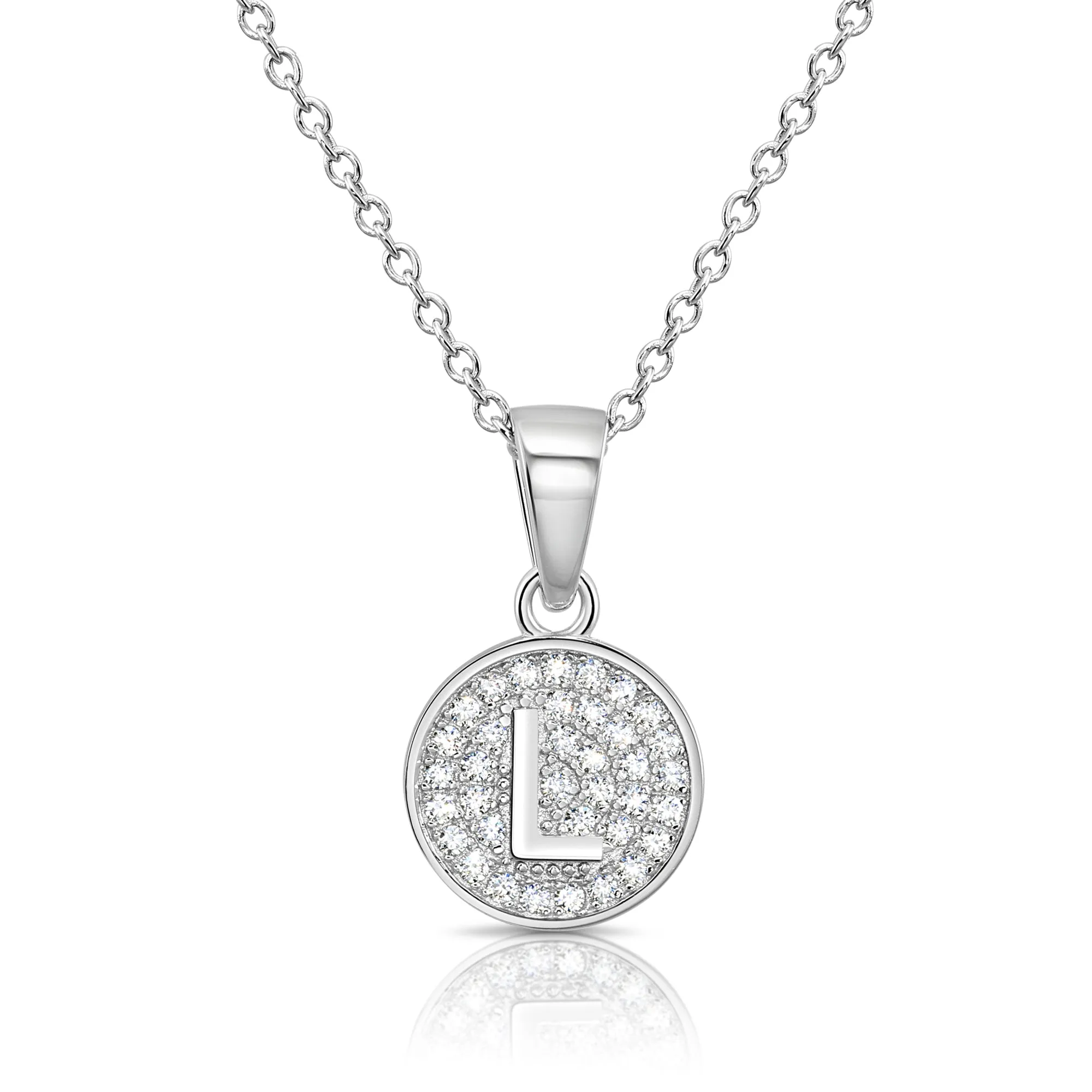 CZ Initial Round Charm Necklace (Letters A-Z) 16" 18" in Sterling Silver