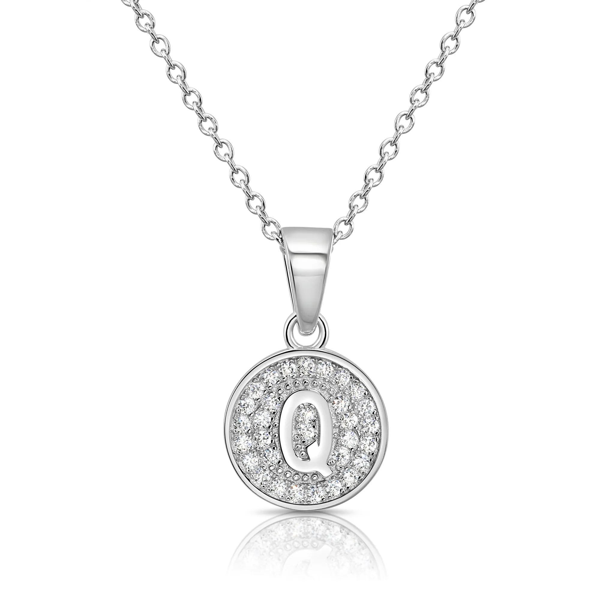 CZ Initial Round Charm Necklace (Letters A-Z) 16" 18" in Sterling Silver