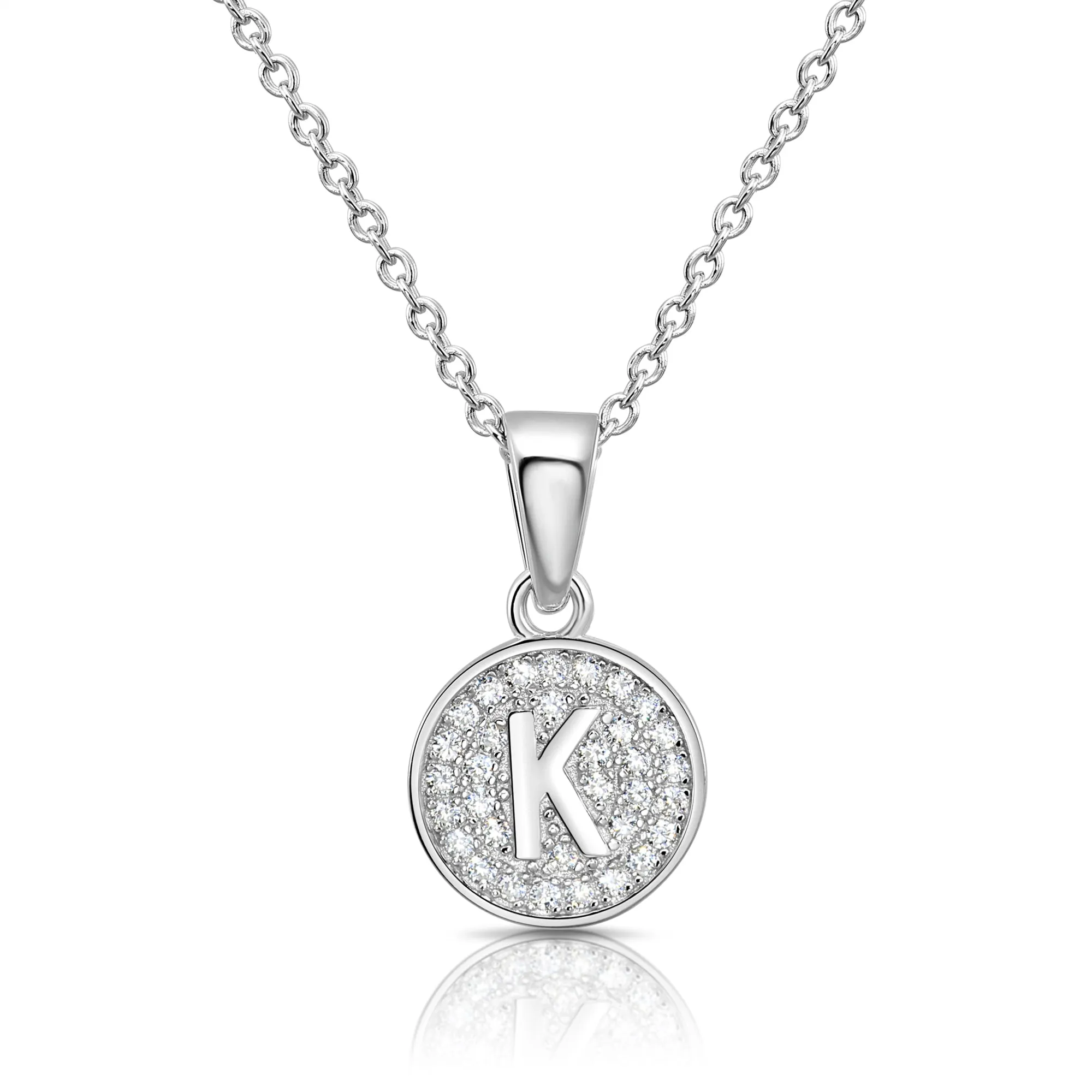 CZ Initial Round Charm Necklace (Letters A-Z) 16" 18" in Sterling Silver