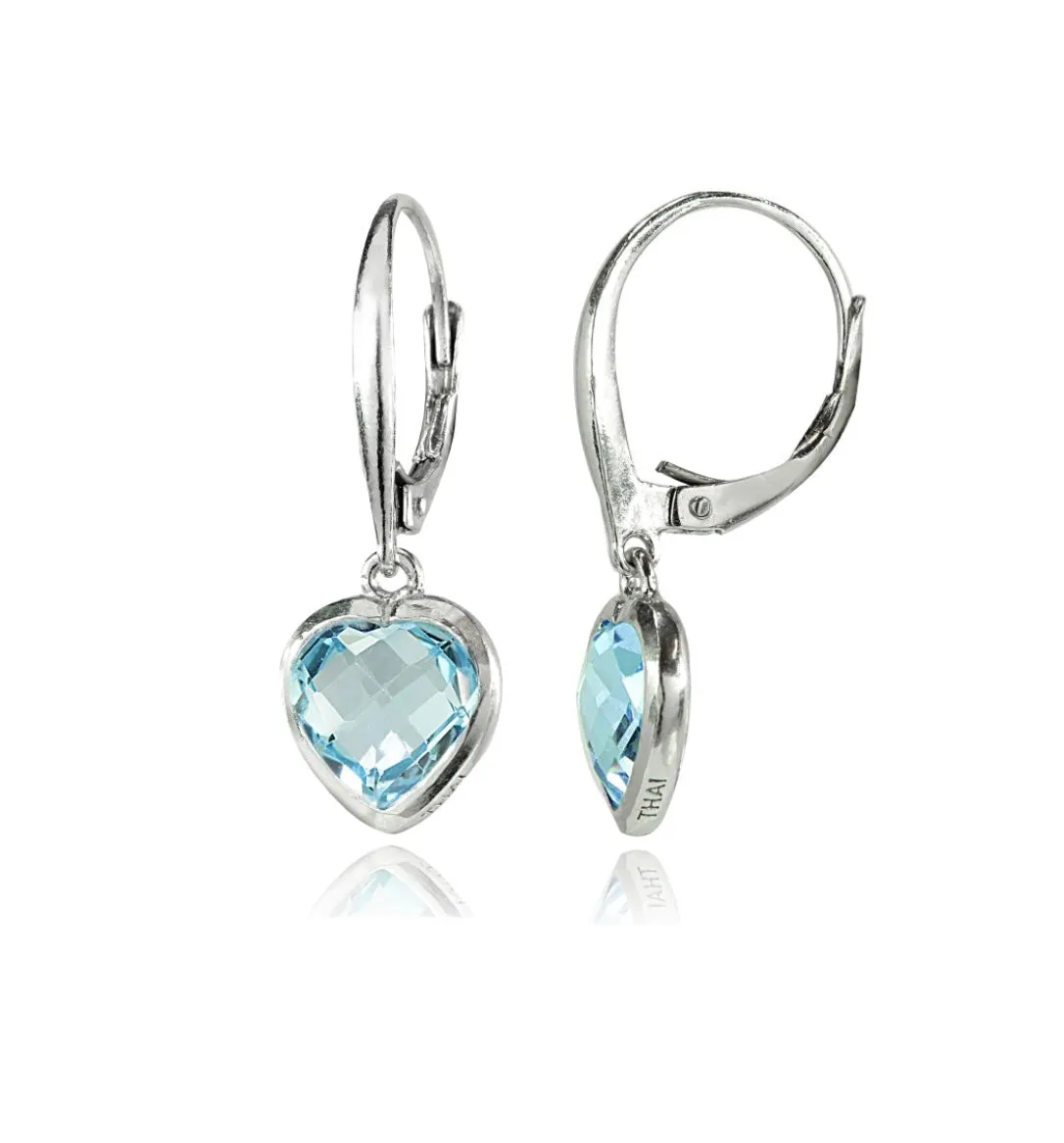 Dainty Icy Blue Aquamarine Heart Dangle Earrings in .925 Sterling Silver