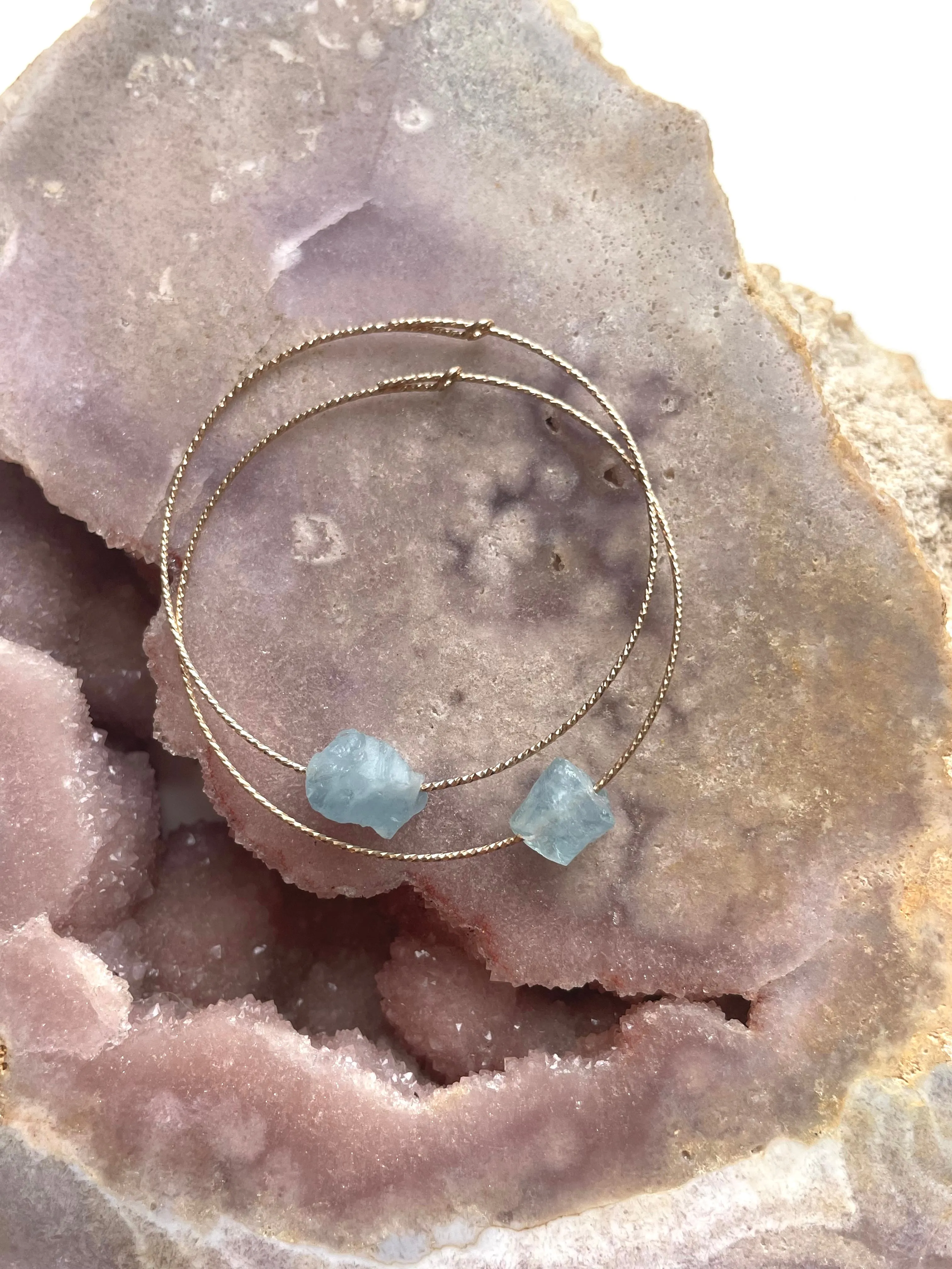 Dainty Raw Natural Aquamarine Hoop Earrings Gold Filled or Sterling Silver