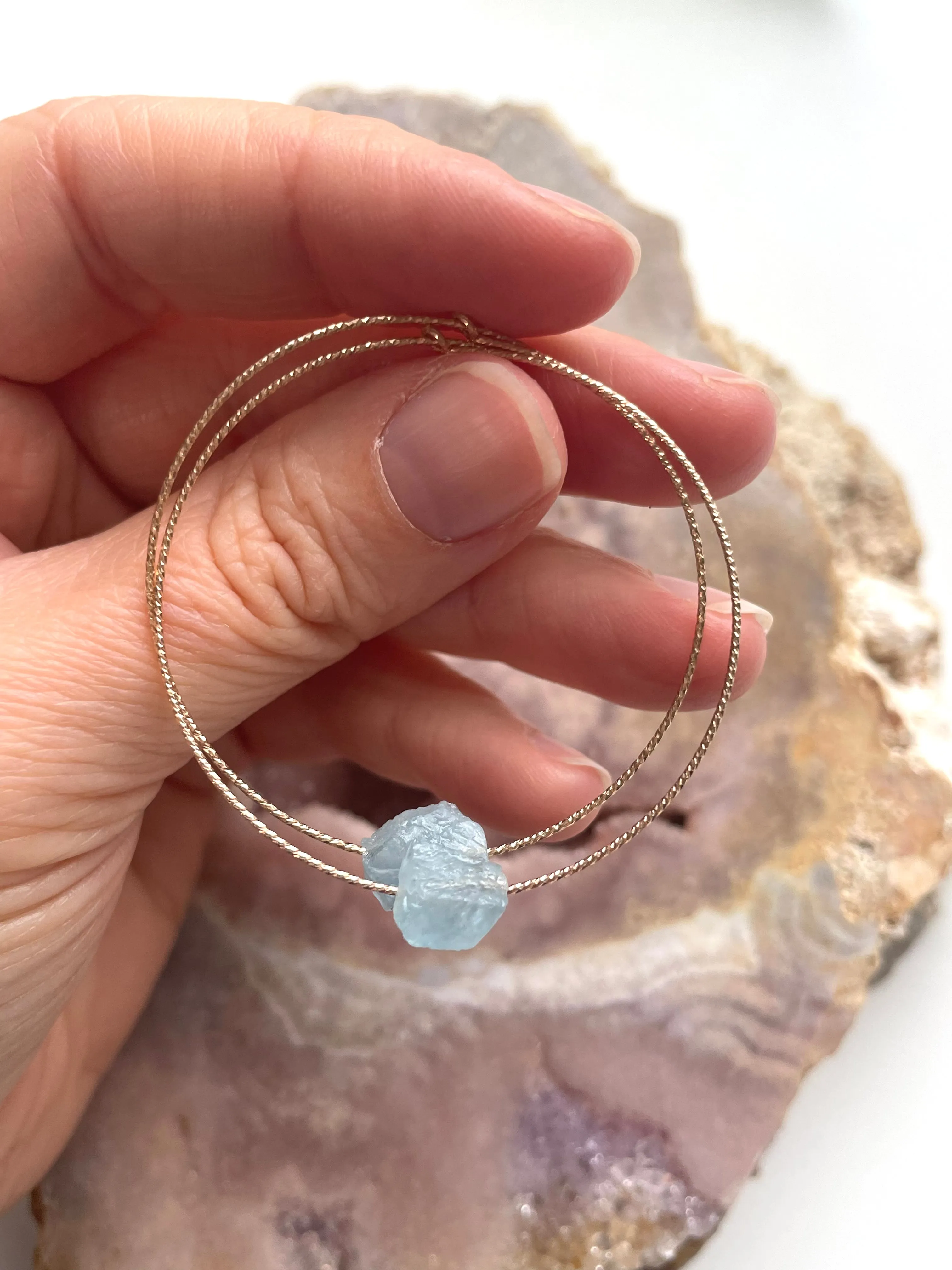 Dainty Raw Natural Aquamarine Hoop Earrings Gold Filled or Sterling Silver