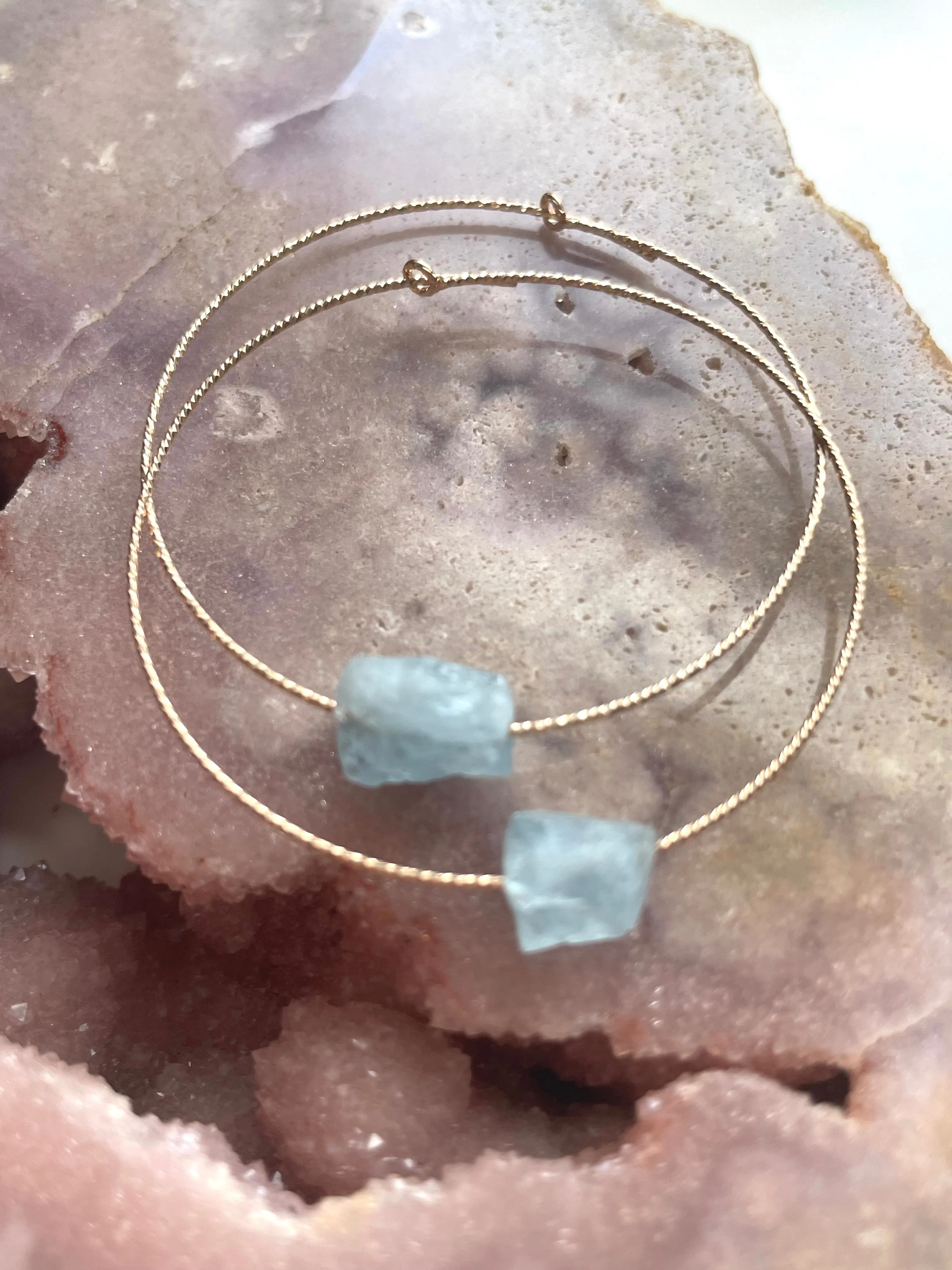 Dainty Raw Natural Aquamarine Hoop Earrings Gold Filled or Sterling Silver