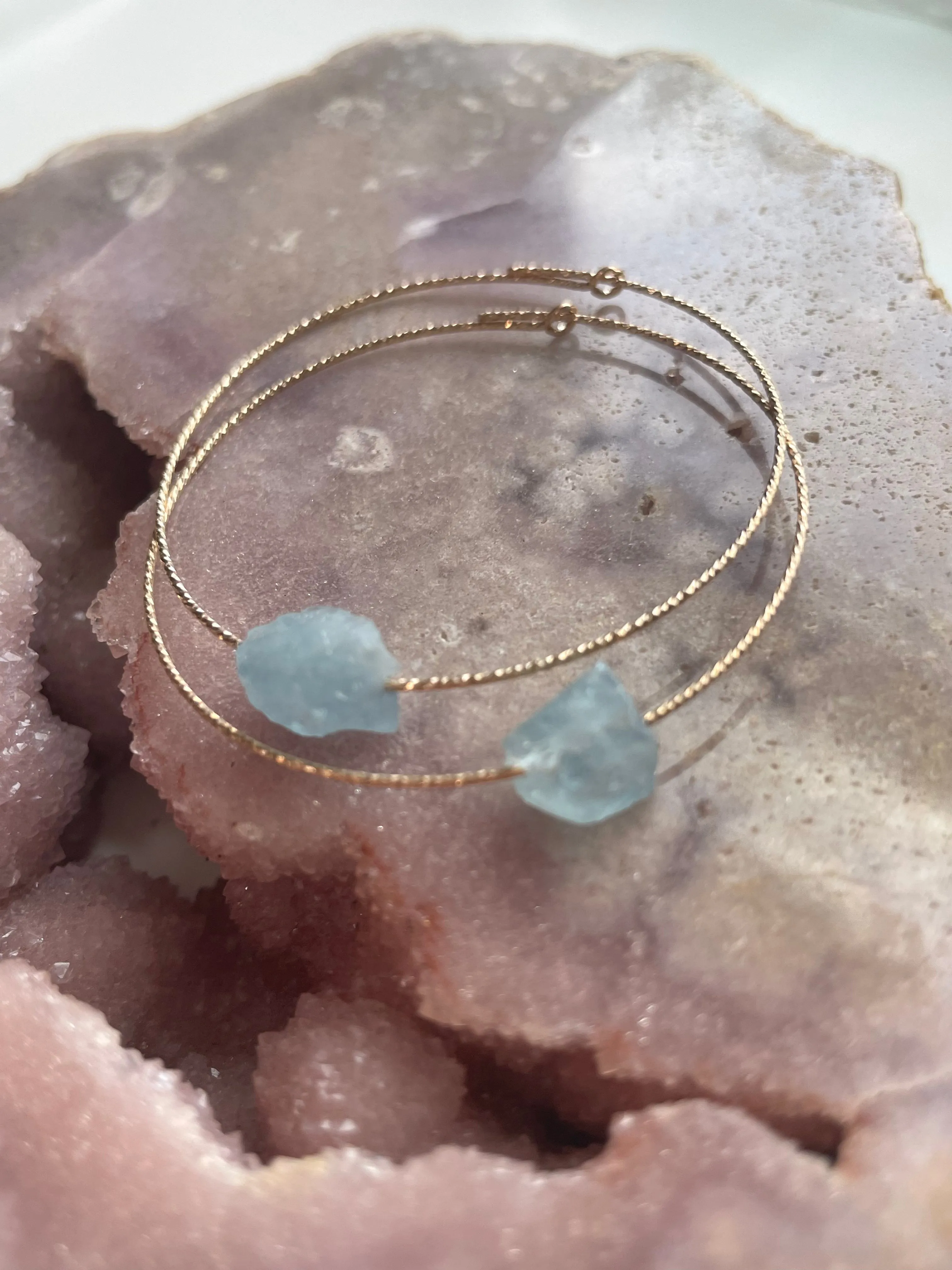 Dainty Raw Natural Aquamarine Hoop Earrings Gold Filled or Sterling Silver