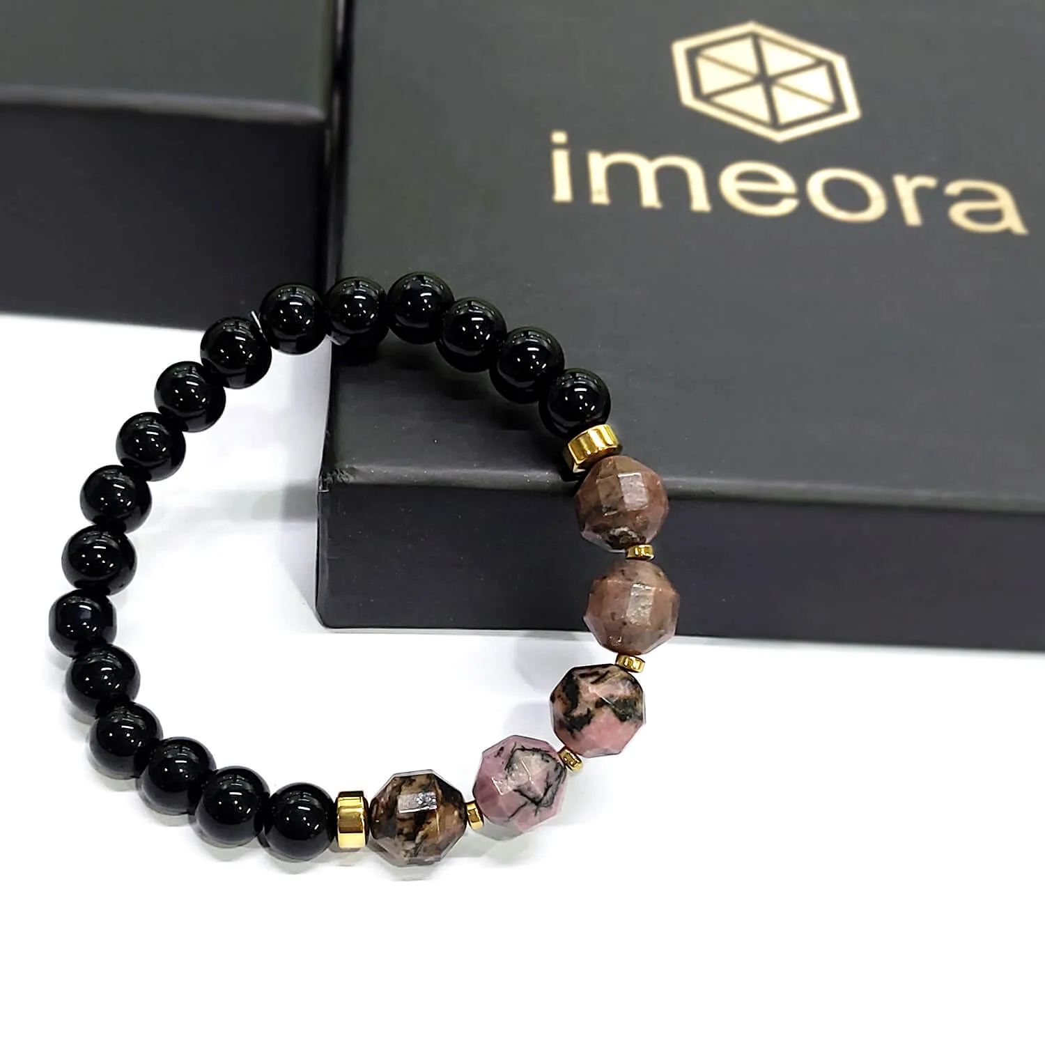 Diamond Cut Rhodonite With Black Obsidian And Golden Hematite Bracelet