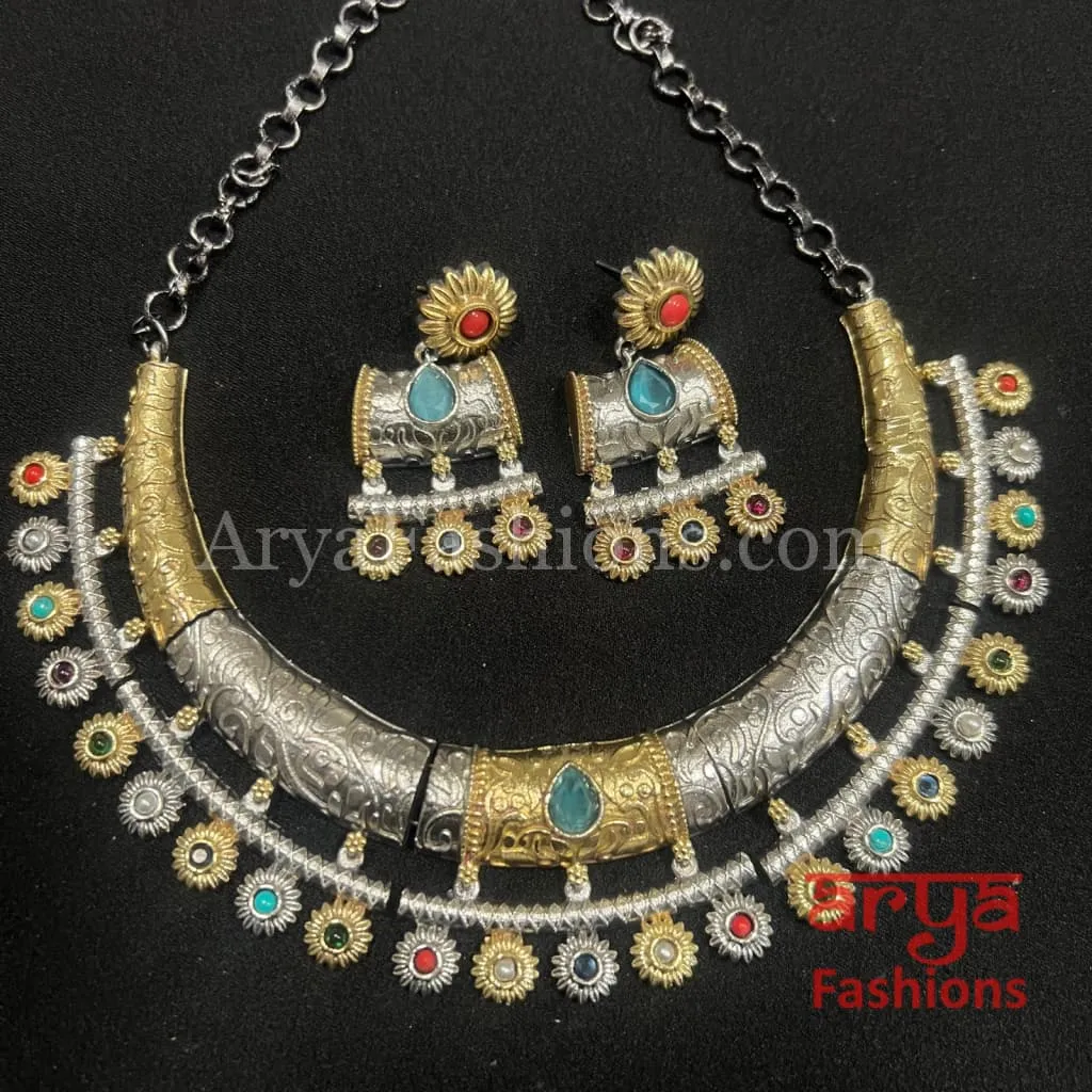 Dual Tone Oxidized Silver Tribal Hasli Necklace