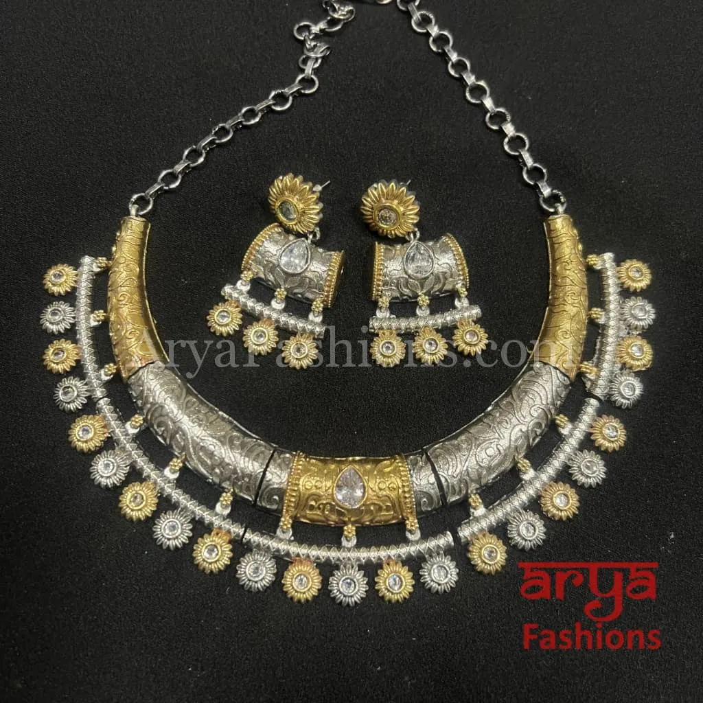 Dual Tone Oxidized Silver Tribal Hasli Necklace