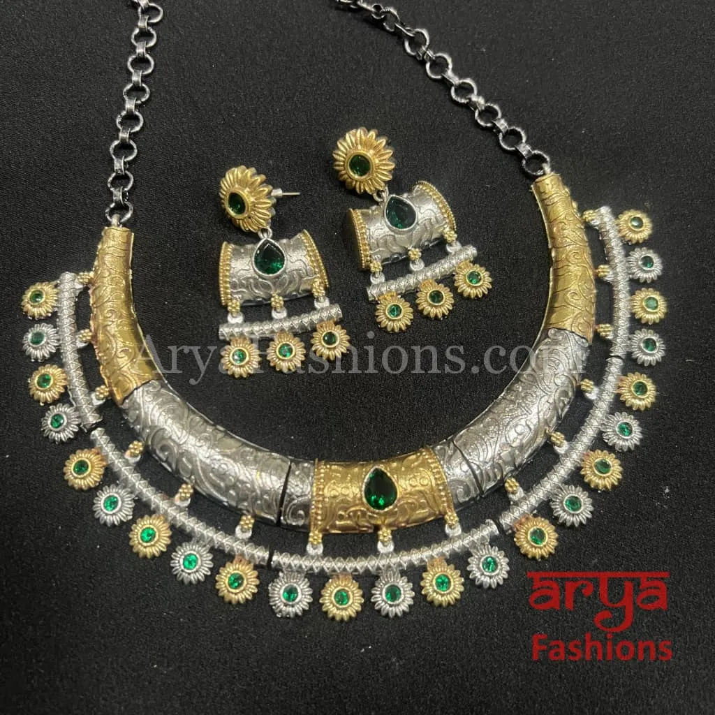 Dual Tone Oxidized Silver Tribal Hasli Necklace