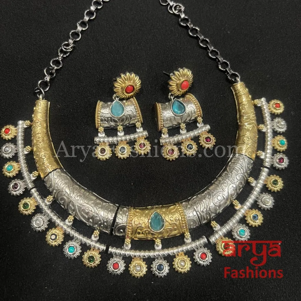 Dual Tone Oxidized Silver Tribal Hasli Necklace