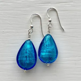 Earrings with turquoise (blue) Murano glass medium pear drops on silver or gold hooks