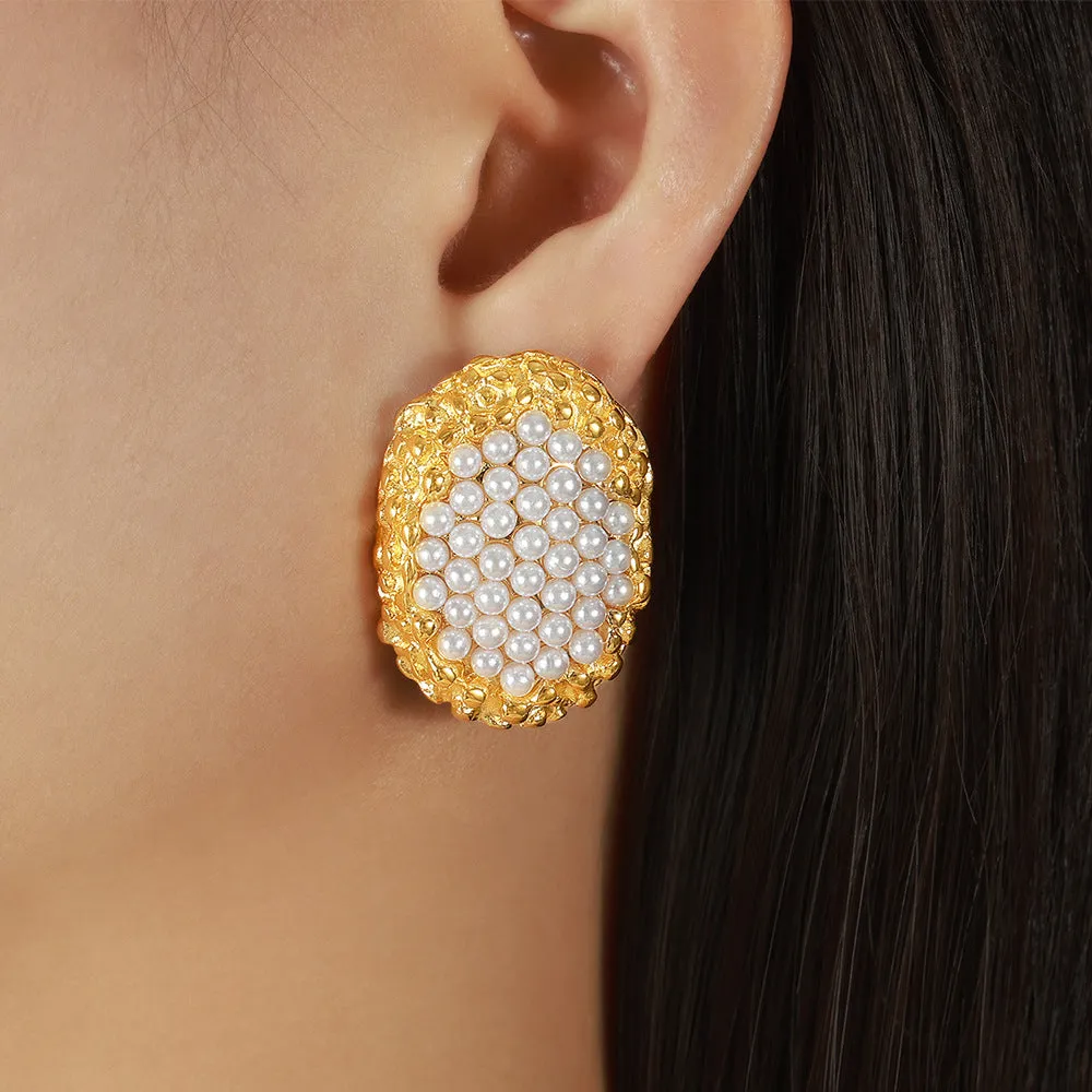 Elegant Gold Plated Titanium Steel Oval Earrings with Zircon and Pearl Accents