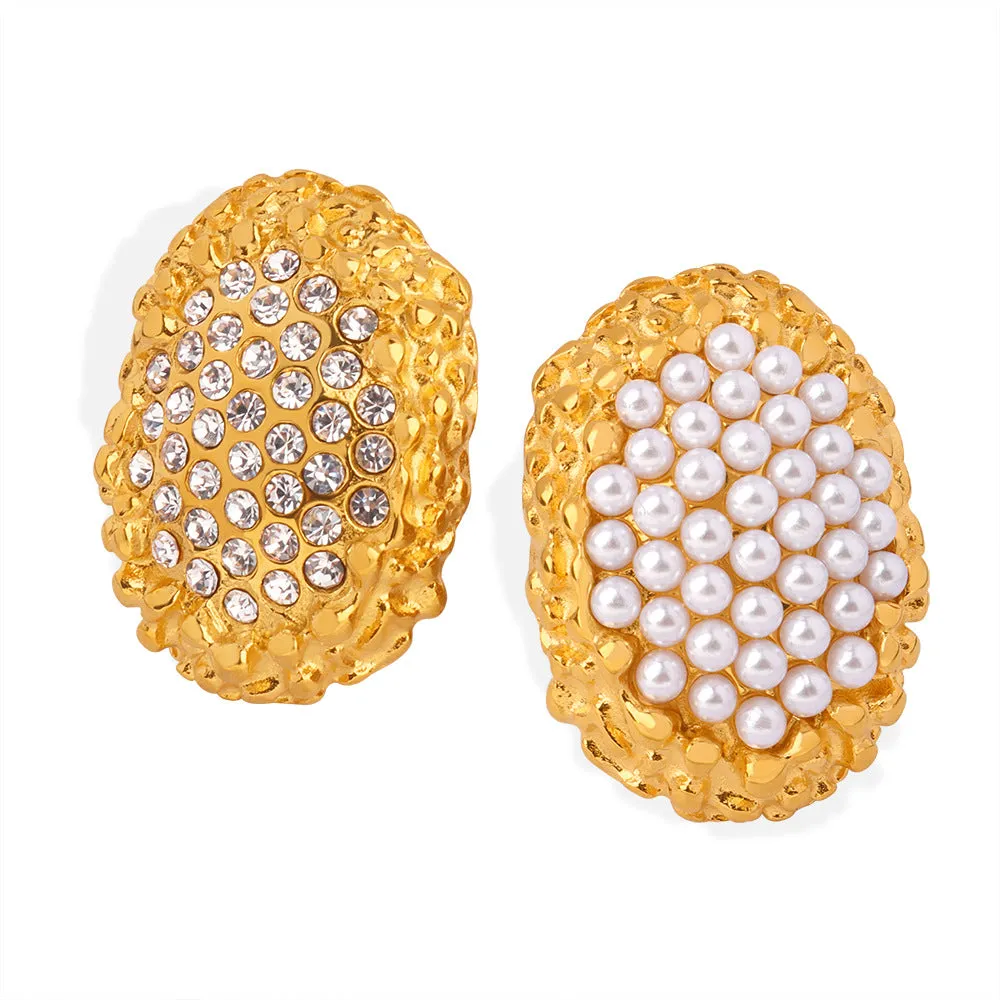 Elegant Gold Plated Titanium Steel Oval Earrings with Zircon and Pearl Accents