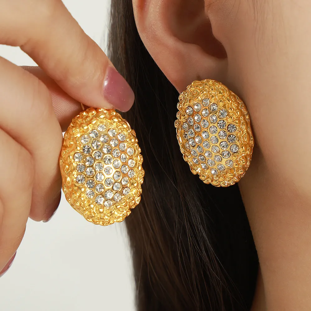 Elegant Gold Plated Titanium Steel Oval Earrings with Zircon and Pearl Accents