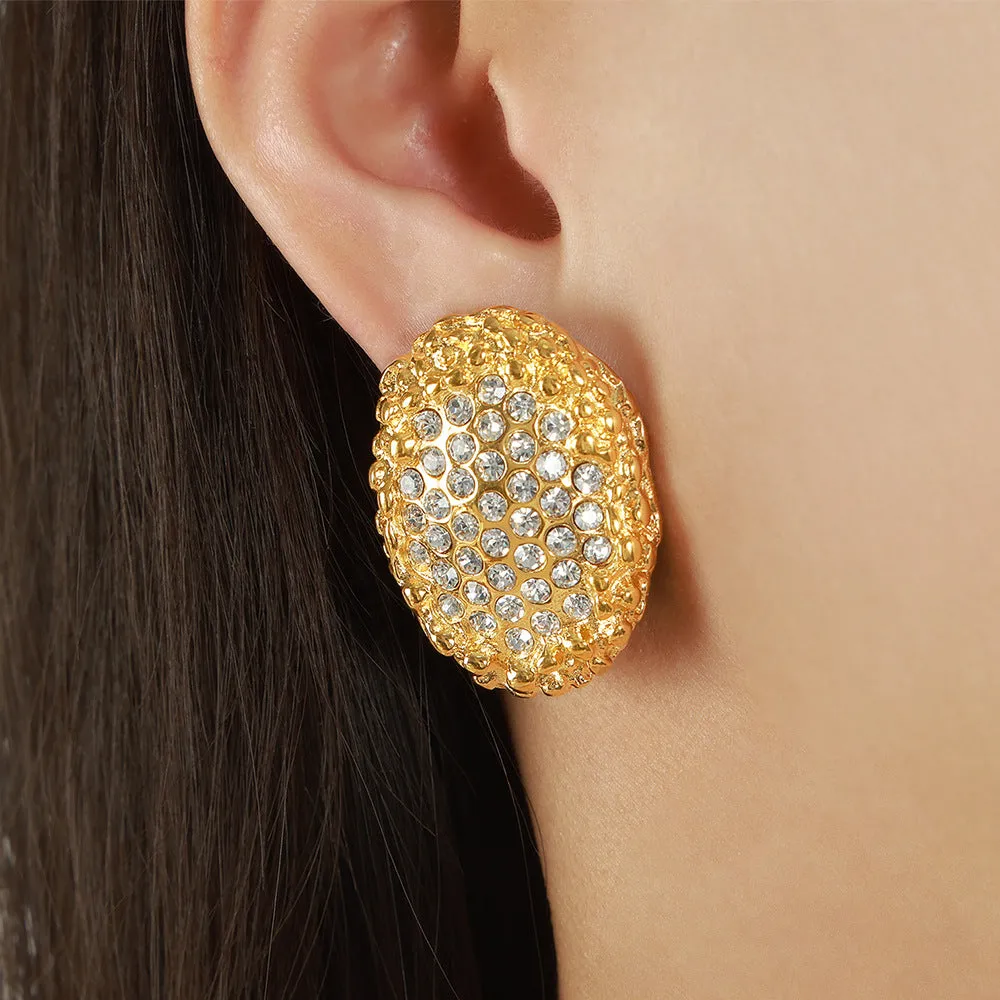 Elegant Gold Plated Titanium Steel Oval Earrings with Zircon and Pearl Accents