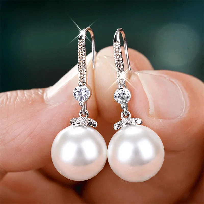 Elegant Imitation Pearl Dangle Earrings for Women with Zircon in Silver Color