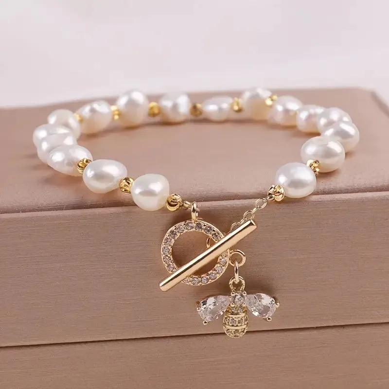 Elegant Pearl Charm Bracelet Baroque Natural Pearl String Bracelet with Gold Accents7-8mm bead