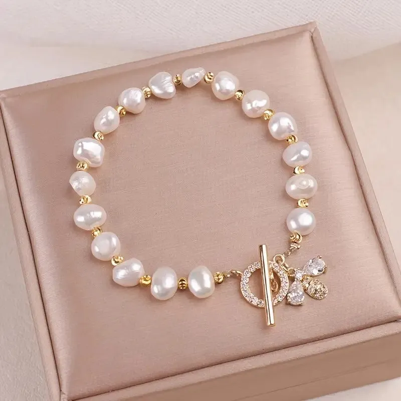 Elegant Pearl Charm Bracelet Baroque Natural Pearl String Bracelet with Gold Accents7-8mm bead