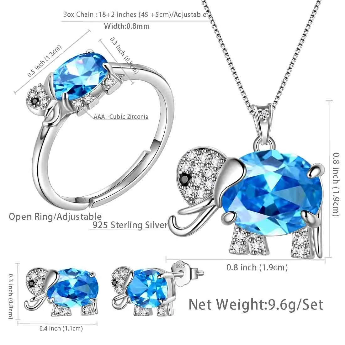 Elephant Birthstone March Aquamarine Jewelry Set 4PCS Women Girls Birthday Gift