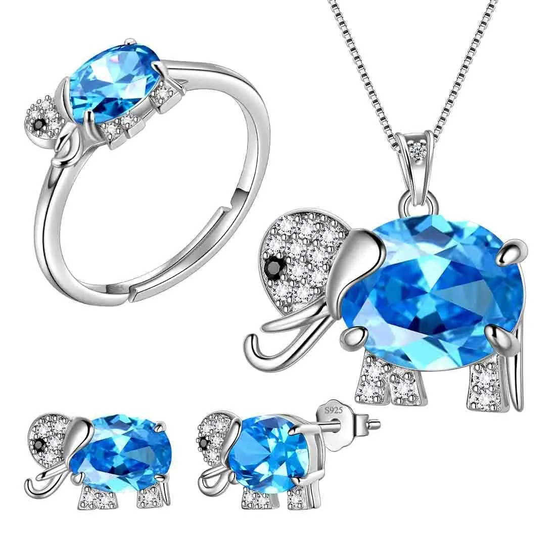 Elephant Birthstone March Aquamarine Jewelry Set 4PCS Women Girls Birthday Gift