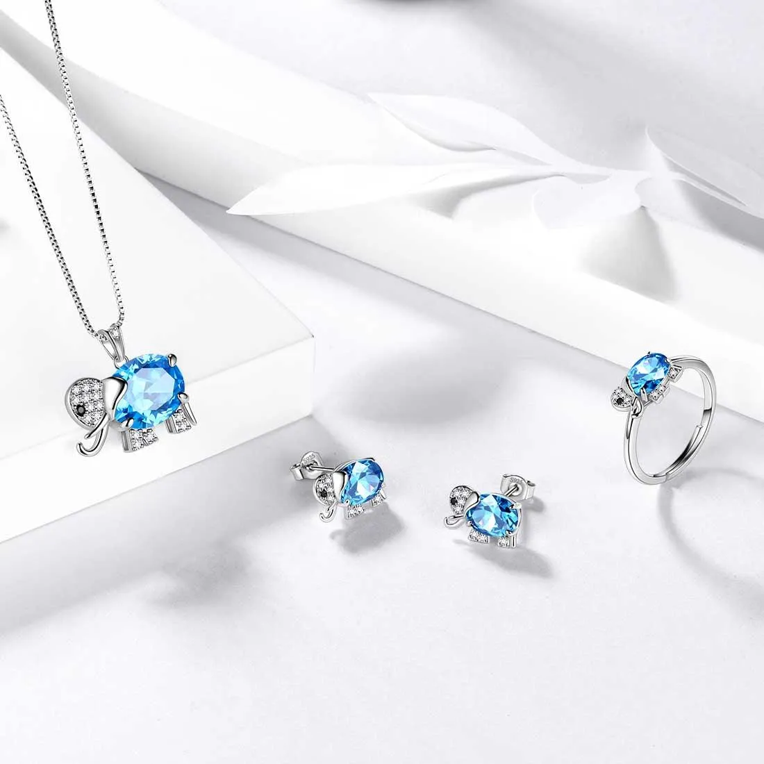 Elephant Birthstone March Aquamarine Jewelry Set 4PCS Women Girls Birthday Gift