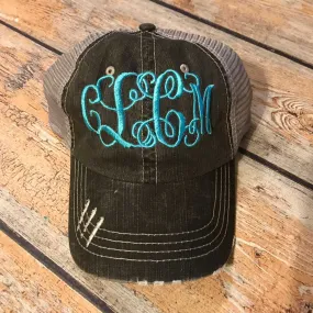 Embroidered Monogram Trucker Distressed Hat