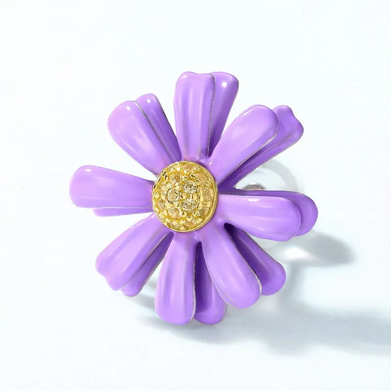 Enamel Purple Daisy Zircon Sterling Silver Stud Earrings