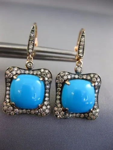 ESTATE LARGE 7.38CT CHOCOLATE FANCY DIAMOND & TURQUOISE 14KT ROSE GOLD EARRINGS