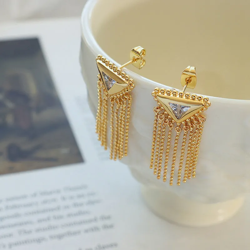 Exquisite Zircon and Brass Triangular Tassel Earrings