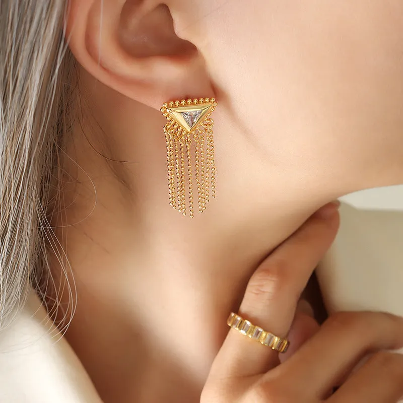 Exquisite Zircon and Brass Triangular Tassel Earrings