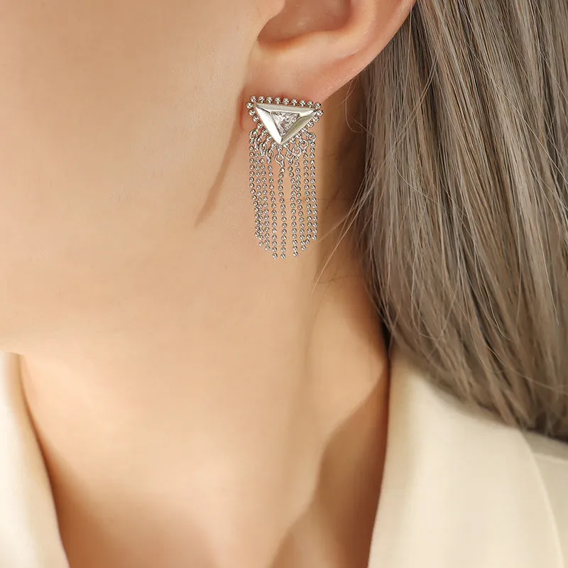 Exquisite Zircon and Brass Triangular Tassel Earrings