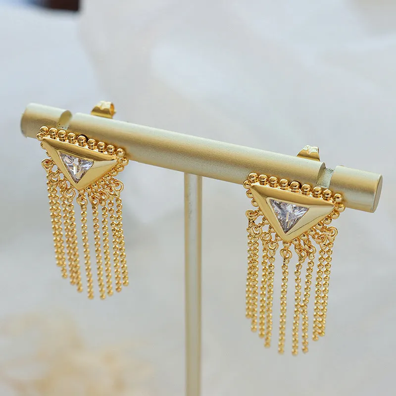 Exquisite Zircon and Brass Triangular Tassel Earrings