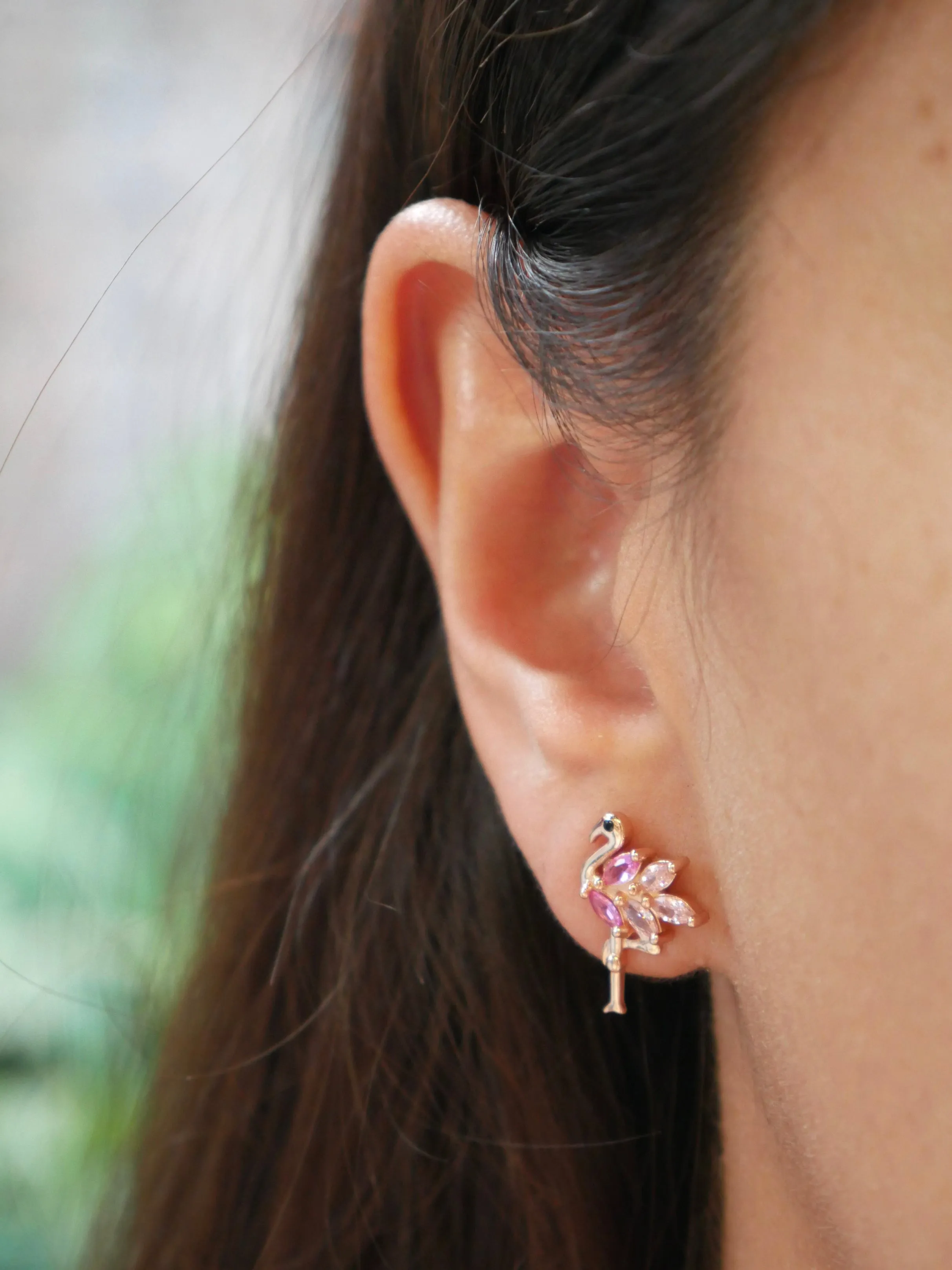 Flamingo Earrings, .925 Sterling Silver Pink Diamond CZ Flamingo Statement Stud Earrings