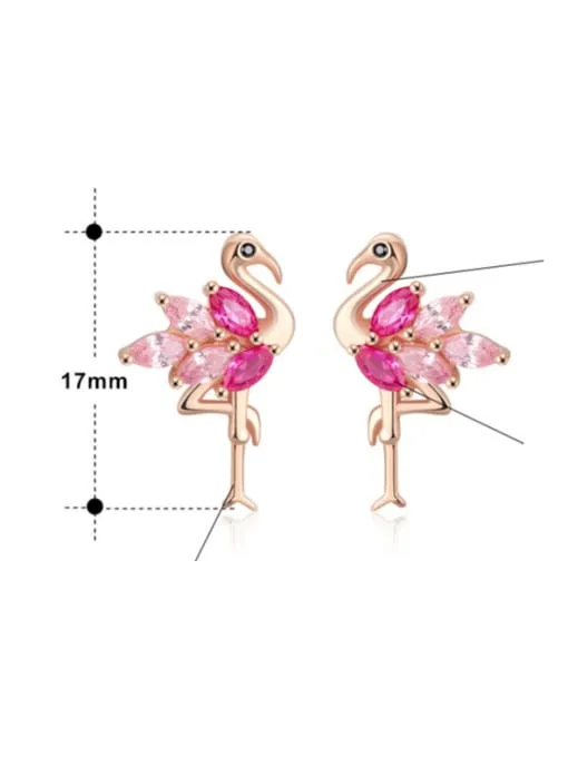 Flamingo Earrings, .925 Sterling Silver Pink Diamond CZ Flamingo Statement Stud Earrings