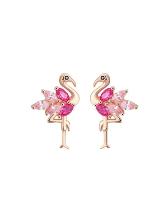 Flamingo Earrings, .925 Sterling Silver Pink Diamond CZ Flamingo Statement Stud Earrings