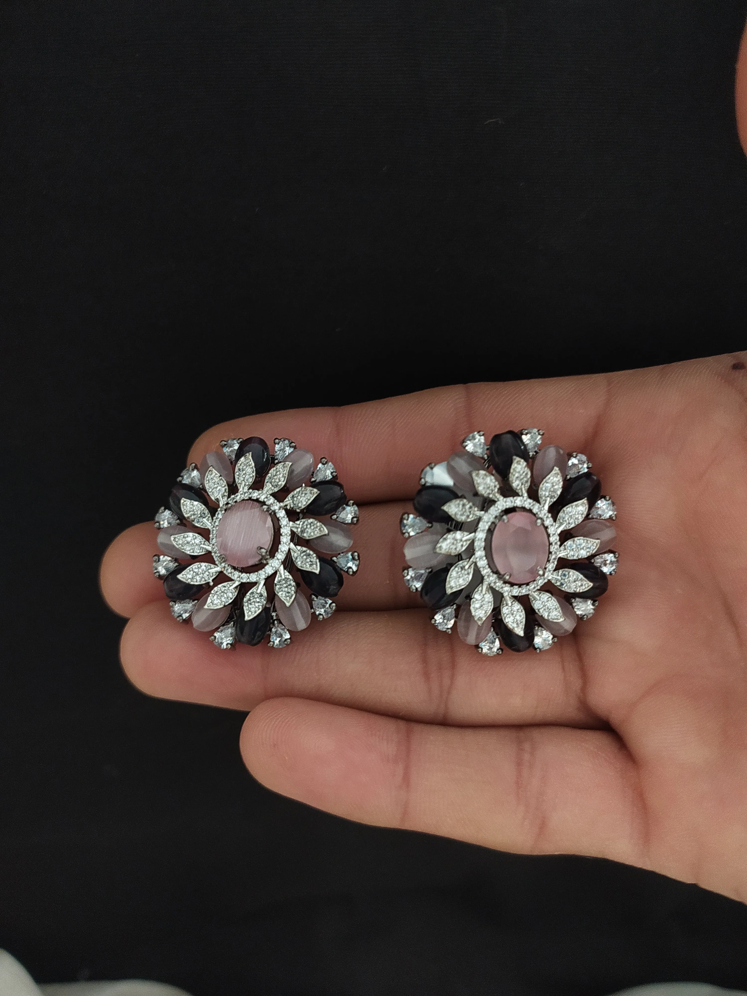 Floral-Designed Black Rhodium Studs with Zircon and Beads