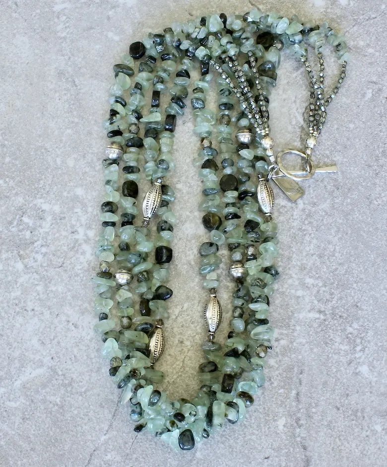 Fluorite Nugget 4-Strand Necklace with Green Tourmaline Coin Beads, Fire Polished Glass Ovals, Hill Tribe Silver Long Ovals, and Sterling Silver Rounds & Toggle Clasp