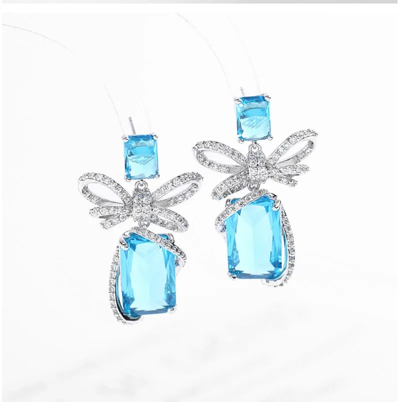 French fashion earrings silver needle micro-inlaid zircon square crystals Korean fresh bow earrings women I181