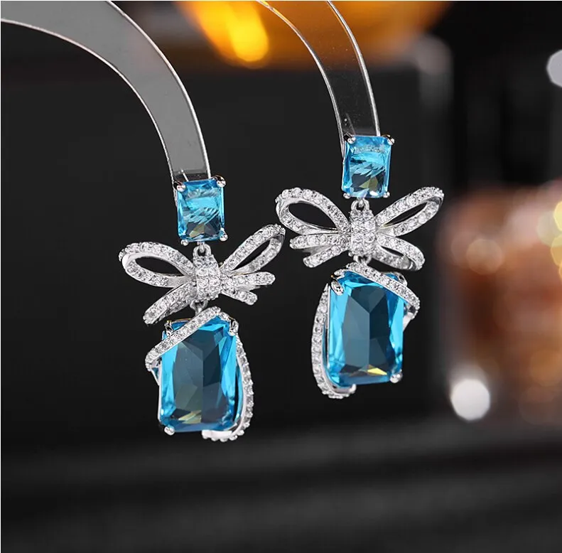 French fashion earrings silver needle micro-inlaid zircon square crystals Korean fresh bow earrings women I181