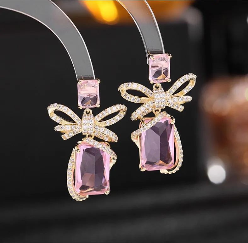 French fashion earrings silver needle micro-inlaid zircon square crystals Korean fresh bow earrings women I181